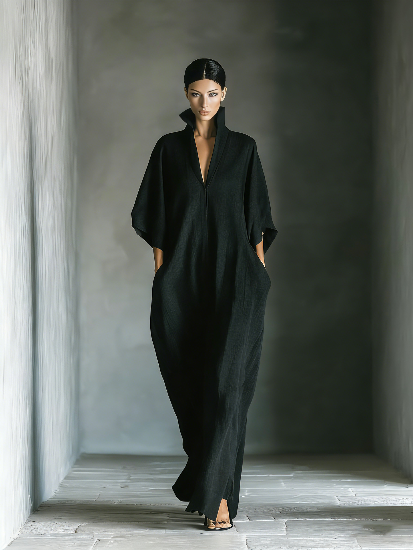 Costanza - Maxi abito nero con maniche a kimono e scollo a V