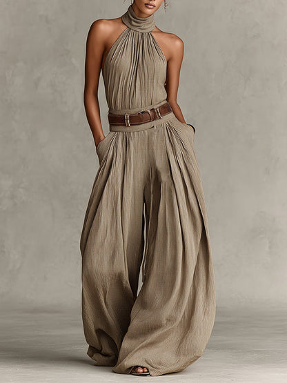 Caterina - Tuta wide leg tortora con scollo all'americana in stile boho