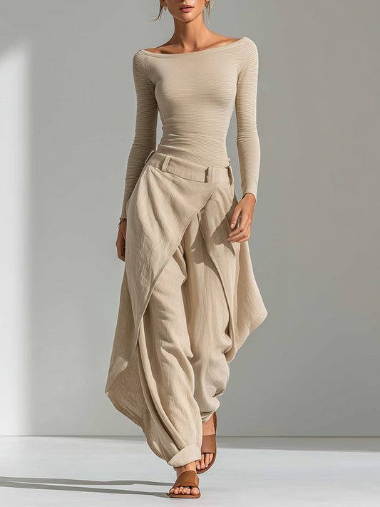 Carlotta | Completo beige con top a barca e pantaloni ampi drappeggiati