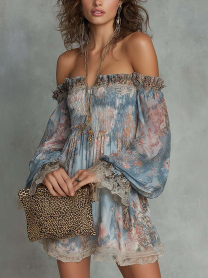 Elvira | Mini abito floreale off-shoulder con maniche ampie e bordi in pizzo
