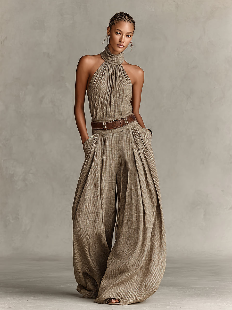 Caterina - Tuta wide leg tortora con scollo all'americana in stile boho
