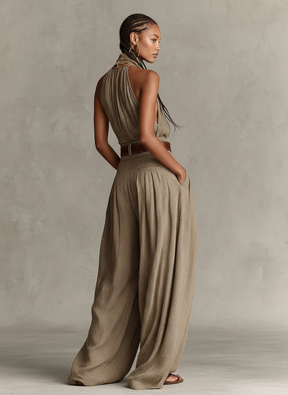 Caterina - Tuta wide leg tortora con scollo all'americana in stile boho