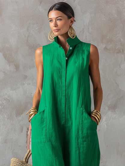 Nerina | Tuta verde smanicata con collo alto e linea fluida