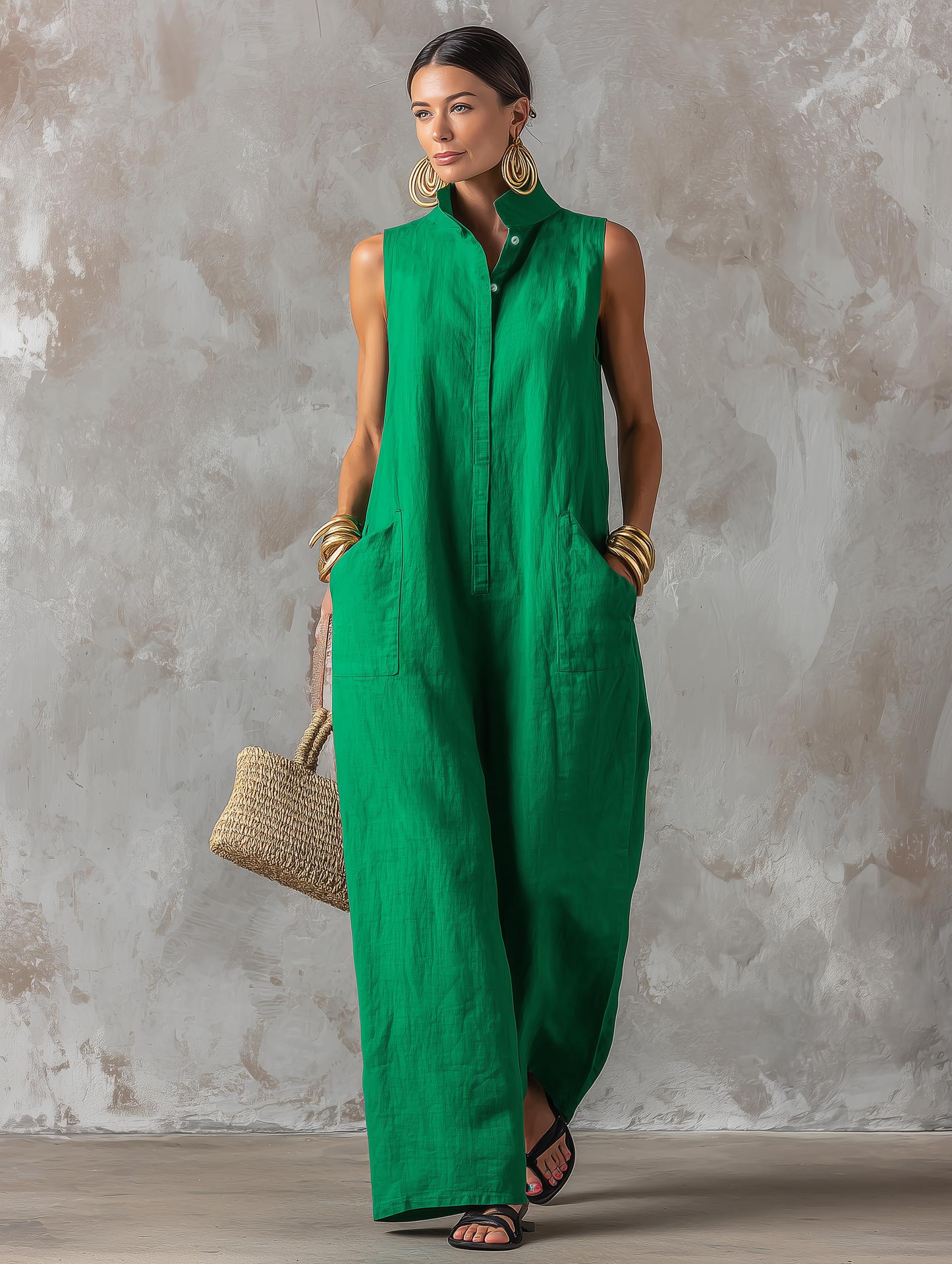 Nerina | Tuta verde smanicata con collo alto e linea fluida