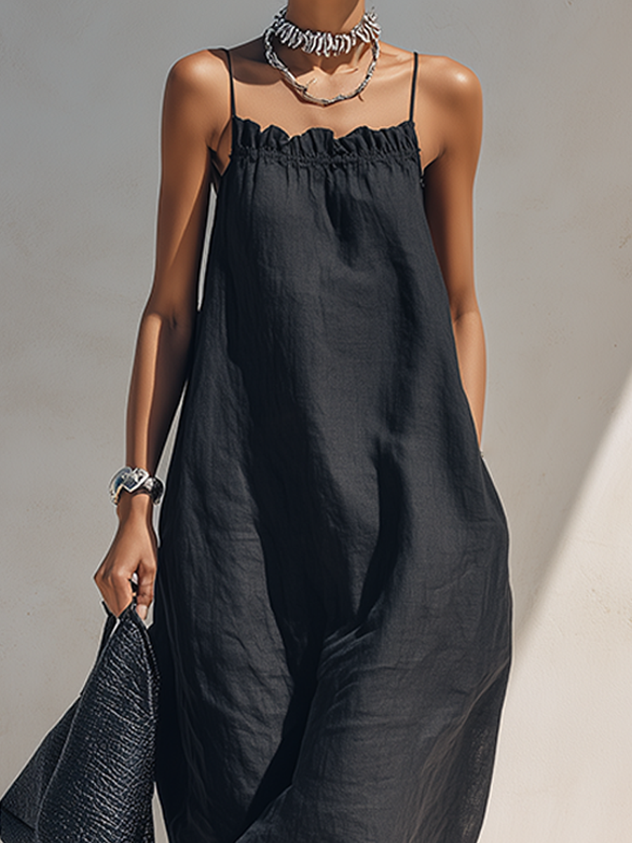 Greta - Maxi abito nero con scollo arricciato e spalline sottili