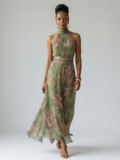 Mirella | Abito midi floreale con scollo halter e vita segnata