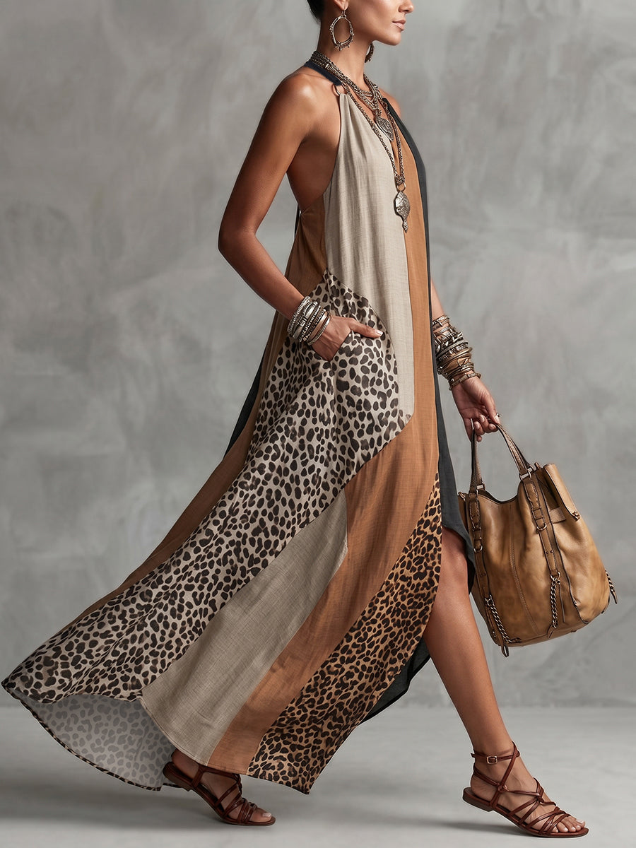Soraya | Maxi abito asimmetrico con color block a contrasto e stampa leopardata