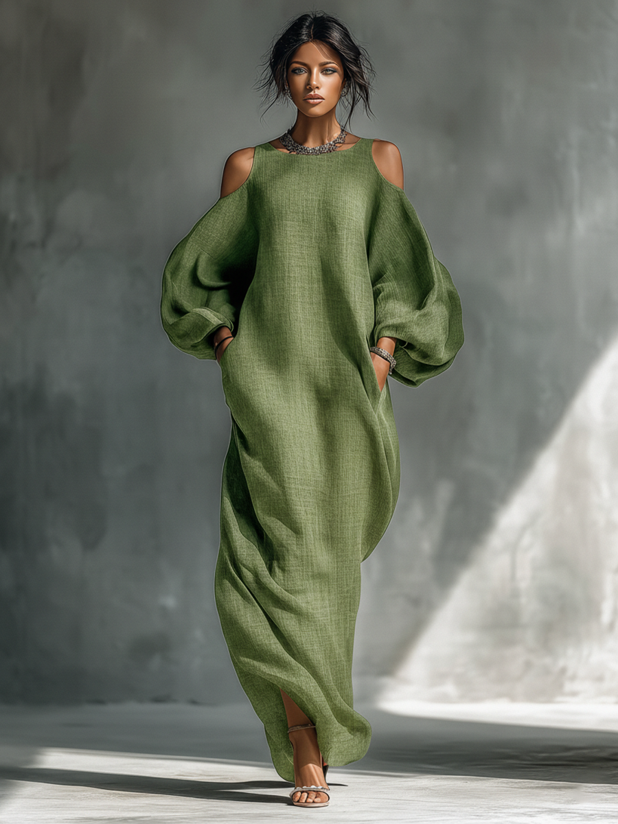 Marcella | Maxi abito verde con spalle scoperte e maniche a palloncino