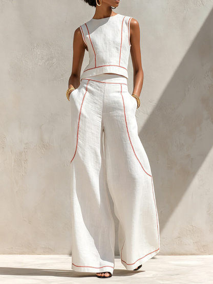 Vittoria - Coordinato bianco con top smanicato e pantaloni a gamba larga