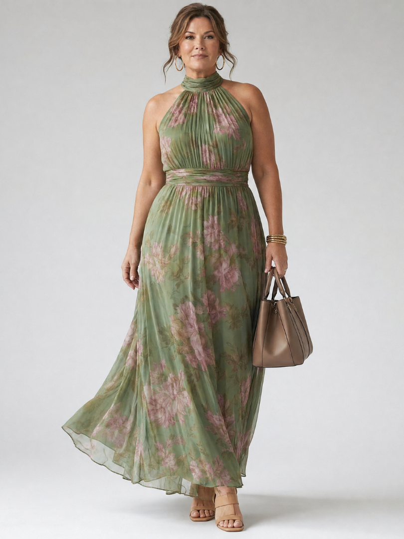 Mirella | Abito midi floreale con scollo halter e vita segnata