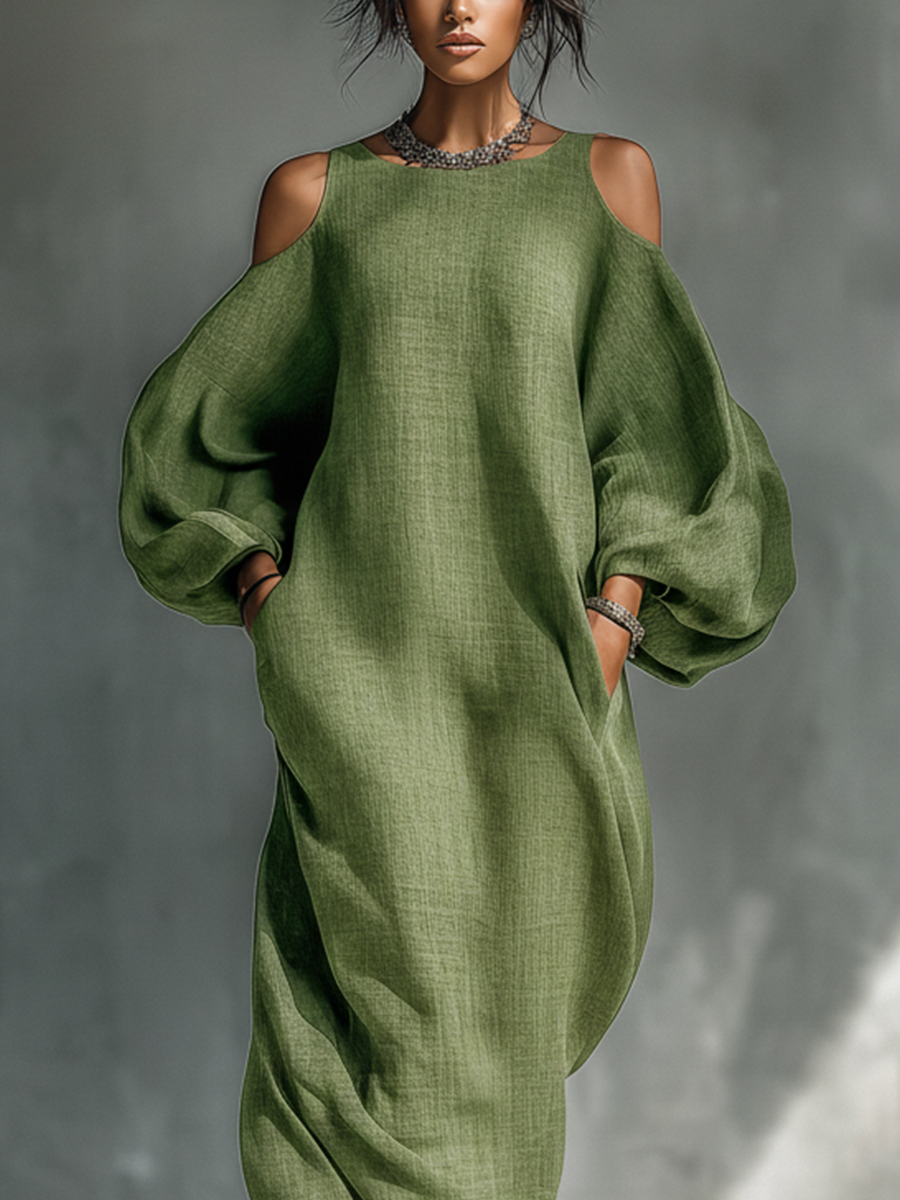 Marcella | Maxi abito verde con spalle scoperte e maniche a palloncino