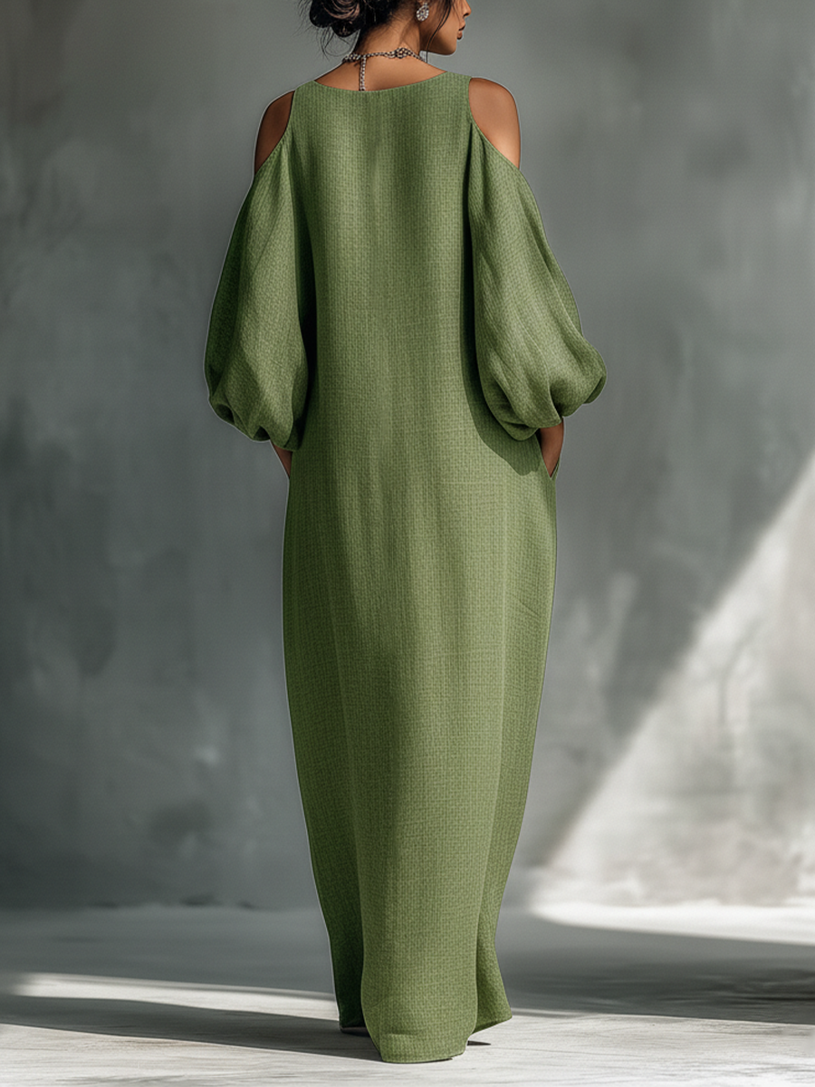Marcella | Maxi abito verde con spalle scoperte e maniche a palloncino