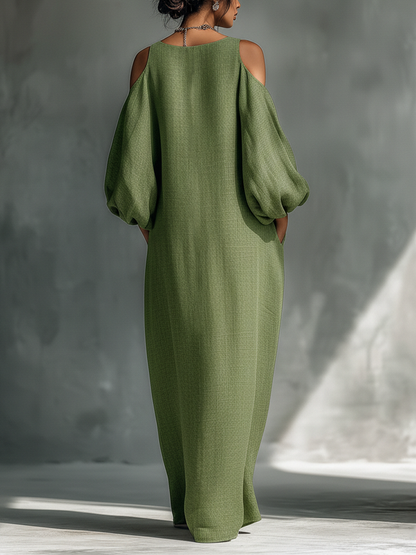 Marcella | Maxi abito verde con spalle scoperte e maniche a palloncino