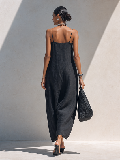 Greta - Maxi abito nero con scollo arricciato e spalline sottili