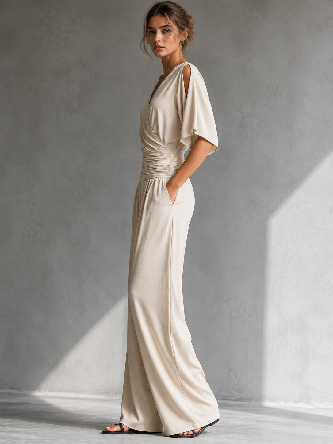 Ondina | Tuta beige con scollo a portafoglio e gamba larga