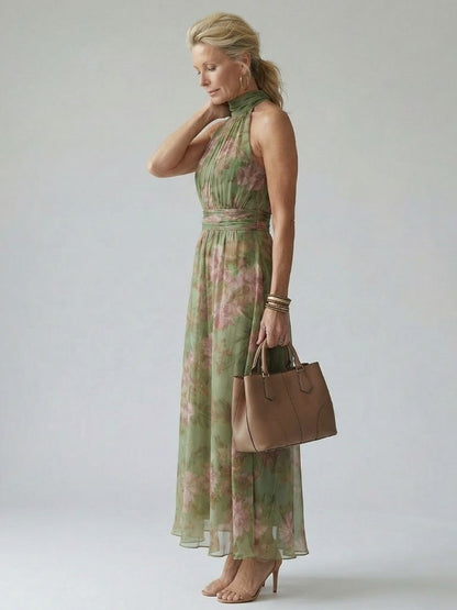 Mirella | Abito midi floreale con scollo halter e vita segnata