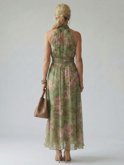 Mirella | Abito midi floreale con scollo halter e vita segnata