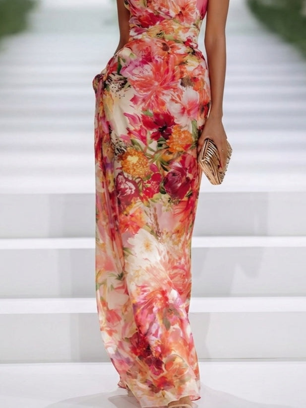 Letizia | Maxi abito floreale con scollo halter e vita segnata