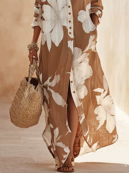 Elettra | Chemisier lungo marrone con maxi stampa floreale