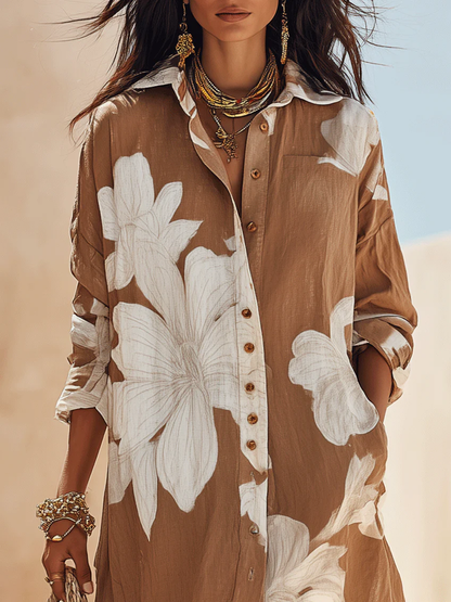 Elettra | Chemisier lungo marrone con maxi stampa floreale