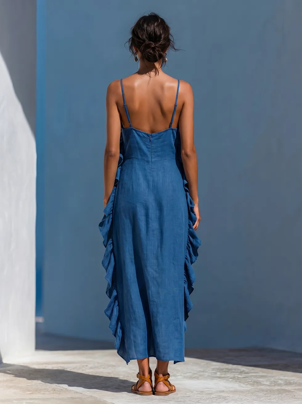 Samanta | Maxi abito blu con spalline sottili e profili a volant