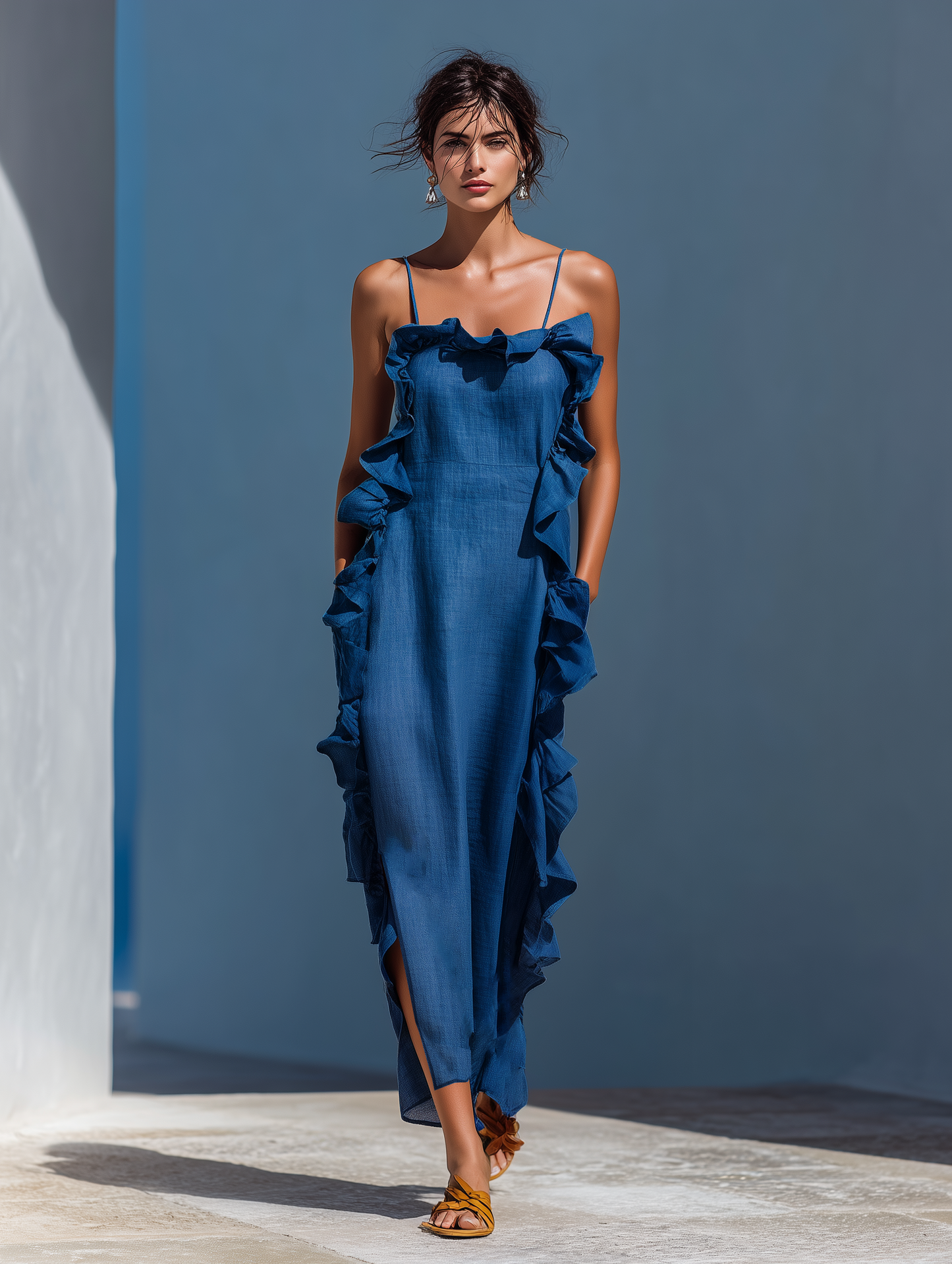 Samanta | Maxi abito blu con spalline sottili e profili a volant